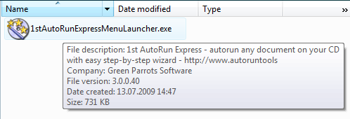 Default 1st Autorun Express launcher displayed in Explorer with version info in the tooltip.