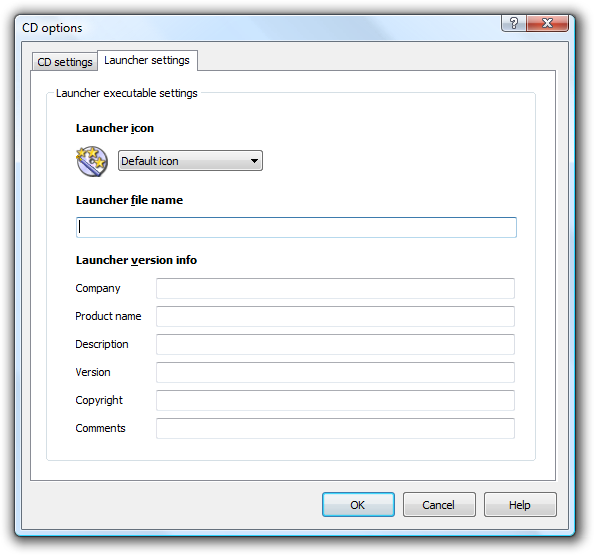 Autorun CD launcher settings setup. You can select custom icon, file name and version info for the autorun program.