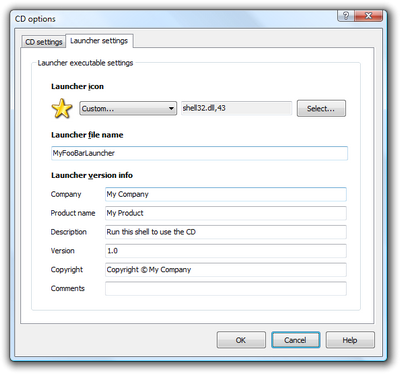 Specifying custom file name, icon and version information for the autorun launcher program in the CD options dialog. Click to enlarge...