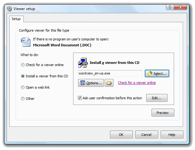 Setup Word Viewer to install right from your autorun CD if no Word or Word viewer will be found on user's computer